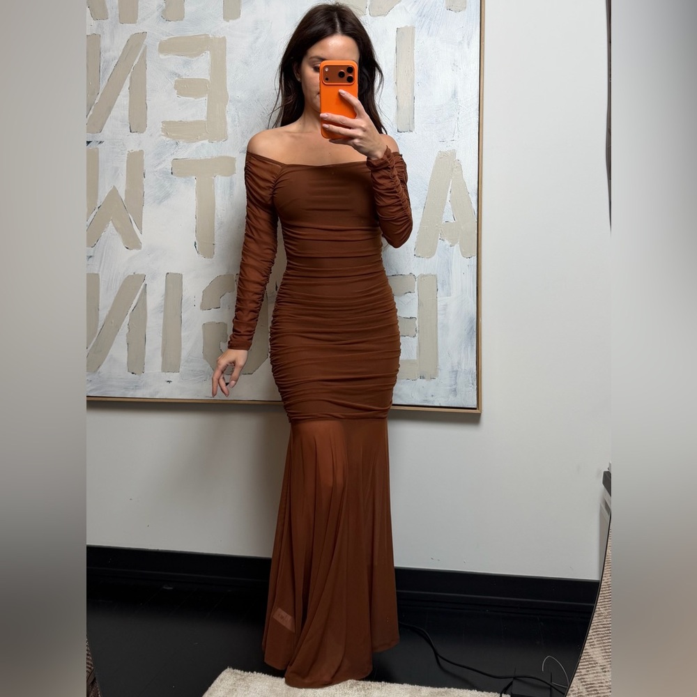 Cupshe Brown Long Sleeve Off-Shoulder Dress